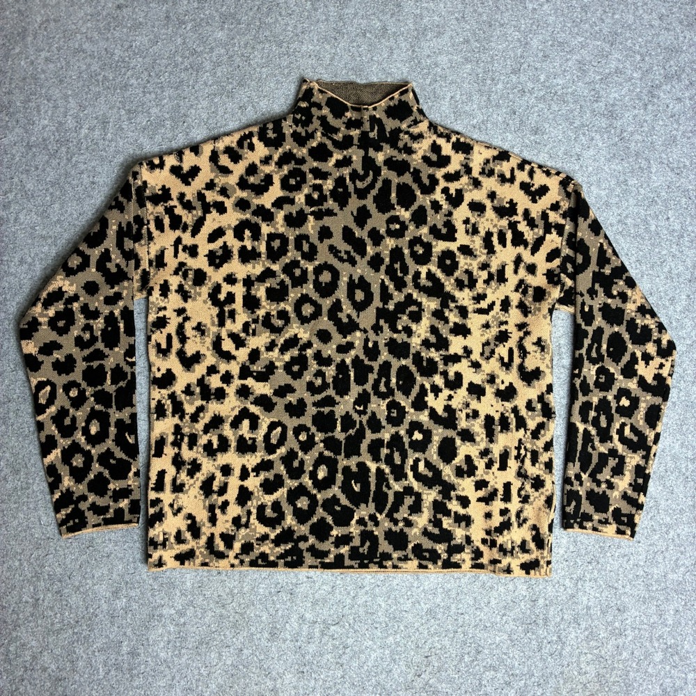 Nicole Miller Mock Neck Sweater Womens L Tan Black Leopard Print Excellent Knit